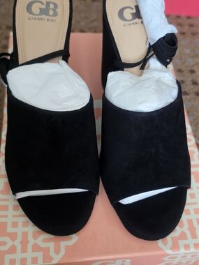 Gianni Bini Black Suede Open-Toe Mules with Ankle Strap